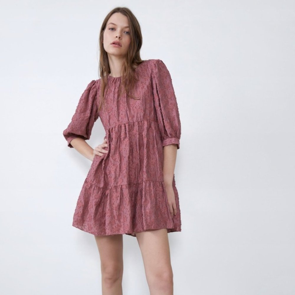 ZARA Voluminous Textured Weave Dress Mauve Pink {Y32}